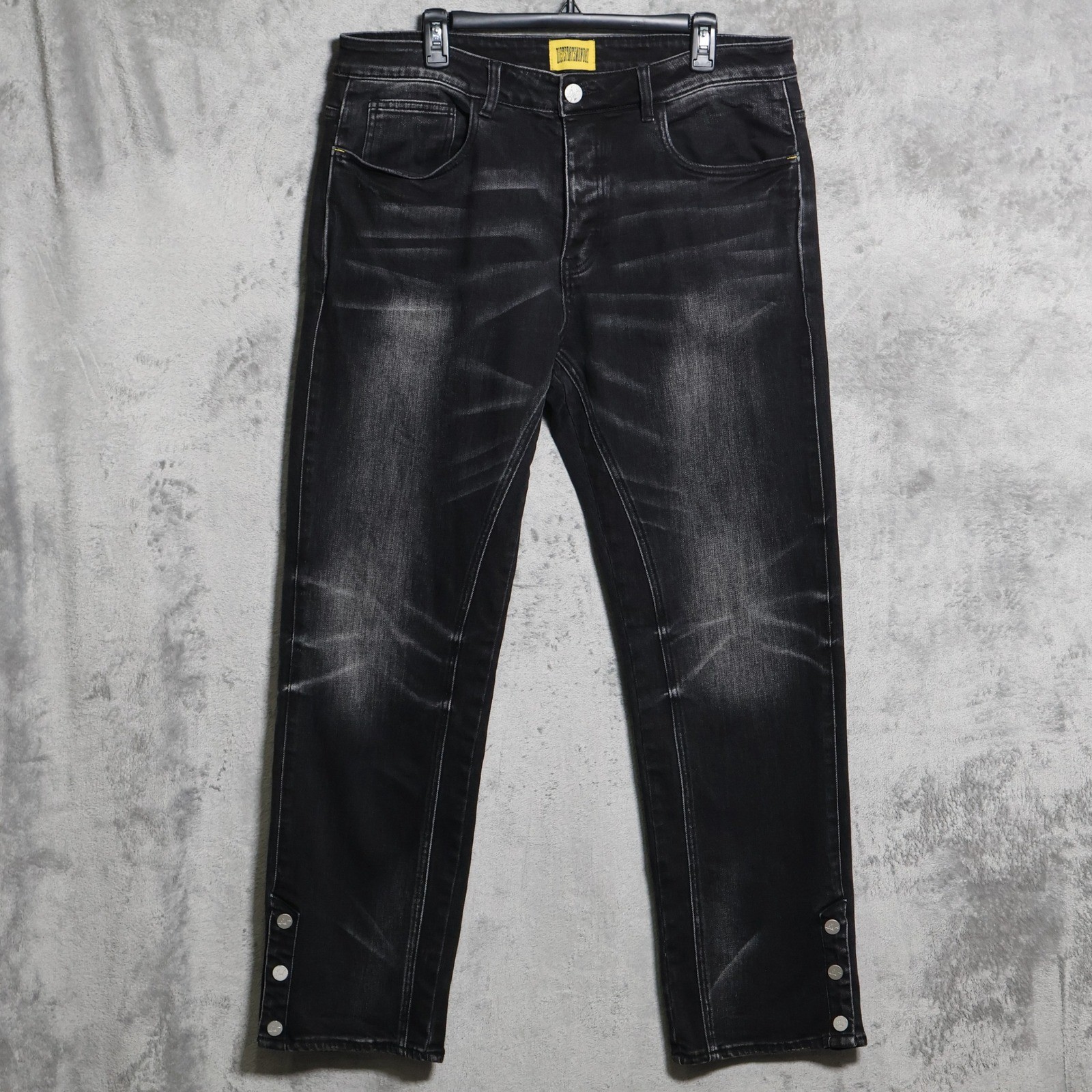 Diet Starts Monday Jeans Mens 36×32 Black Denim Snap Hem Distressed Whiskering