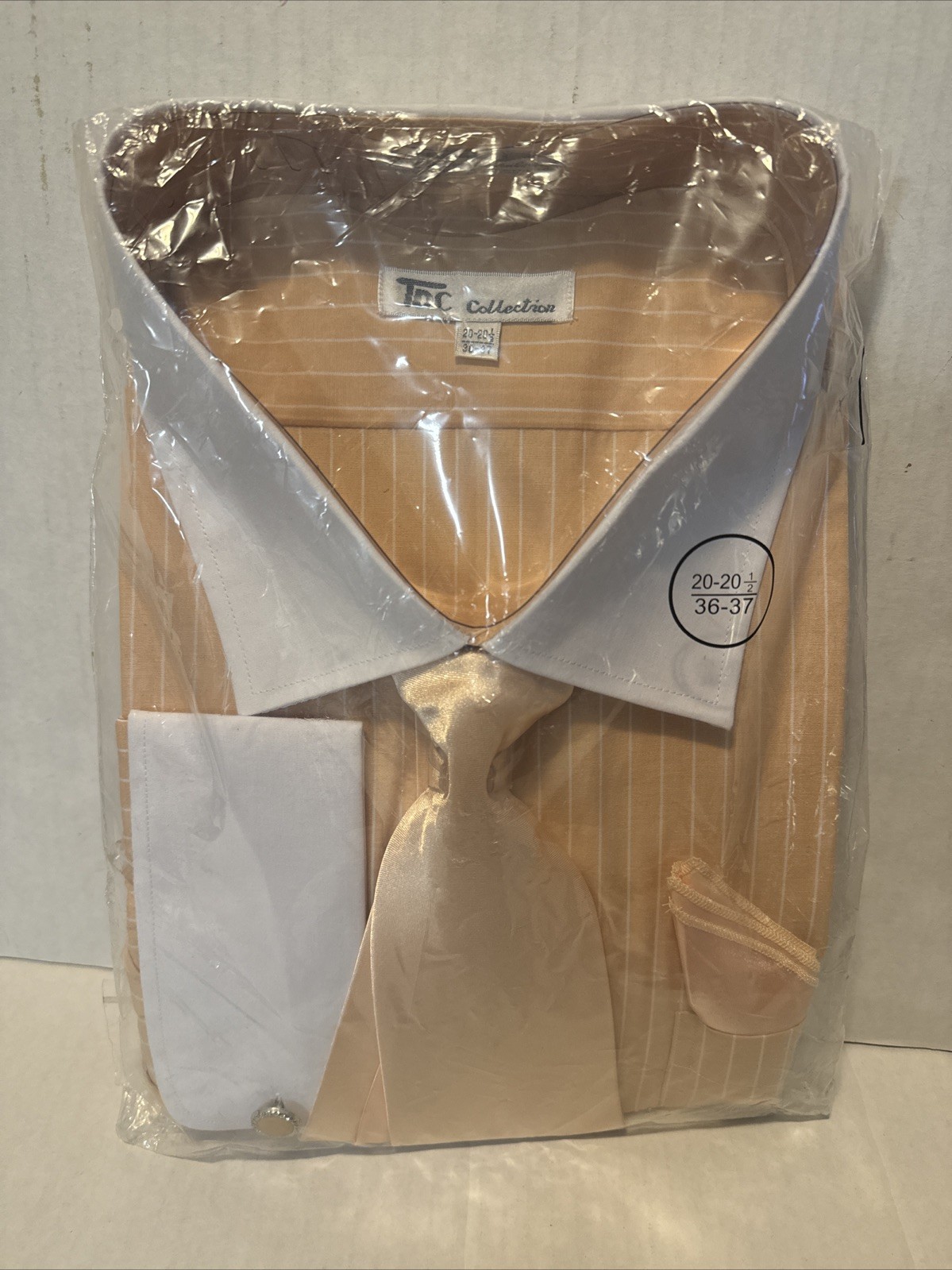 Men’s Stylish French Cuff Dress Shirt Size 20-201/2 Peach/White With Tie