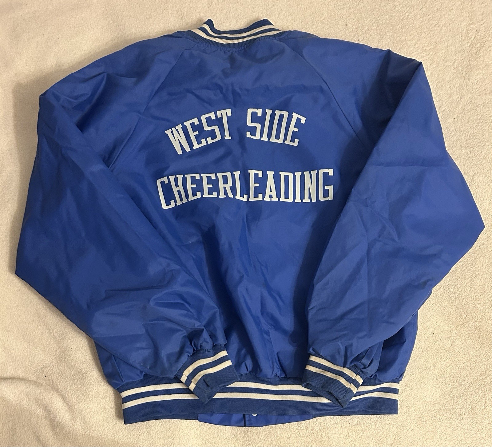 Vintage Hartwell Satin Cheerleading Bomber Jacket Large Blue Made USA Snap