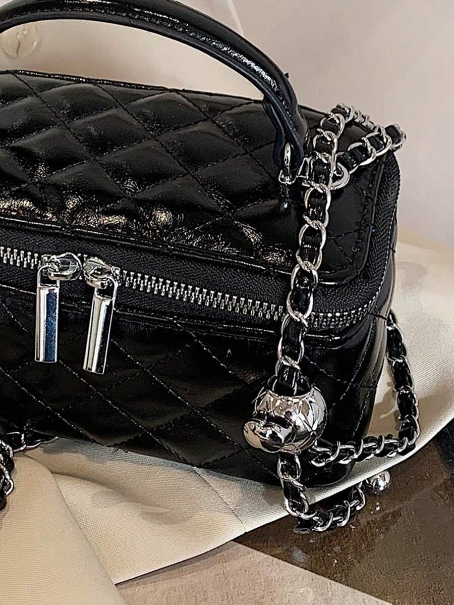 Mini Quilted Box Bag Rhinestone Embroidery Zipper Handbag Chain Strap Purse