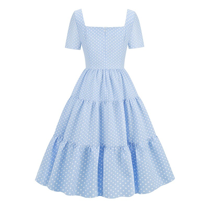 Retro Wave point Short sleeved Splicing Waist retraction Dress Cake skirt