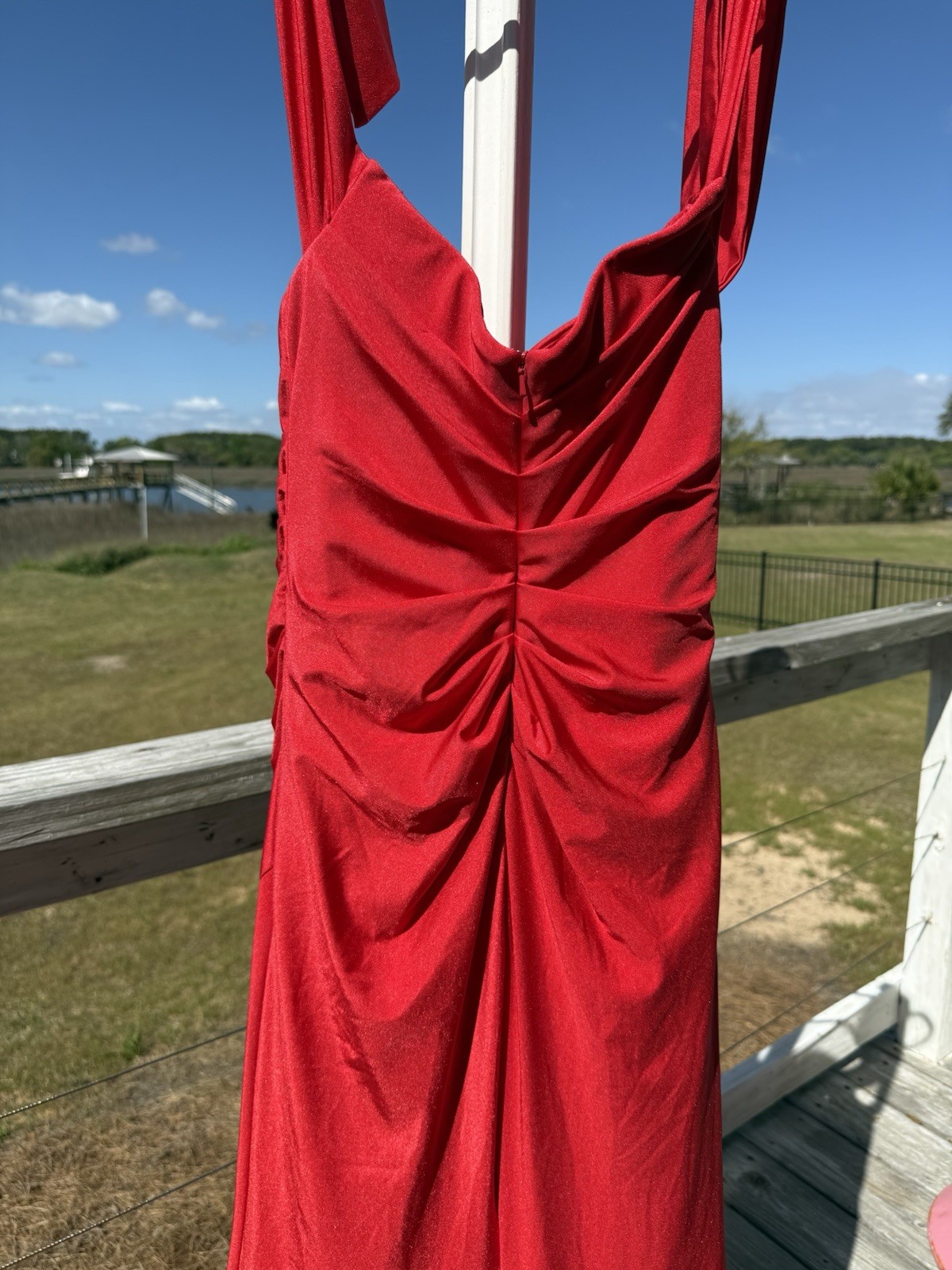 Ladivine by Cinderella Divine Red Gown Bow Ruched Strapless Long Dress 4