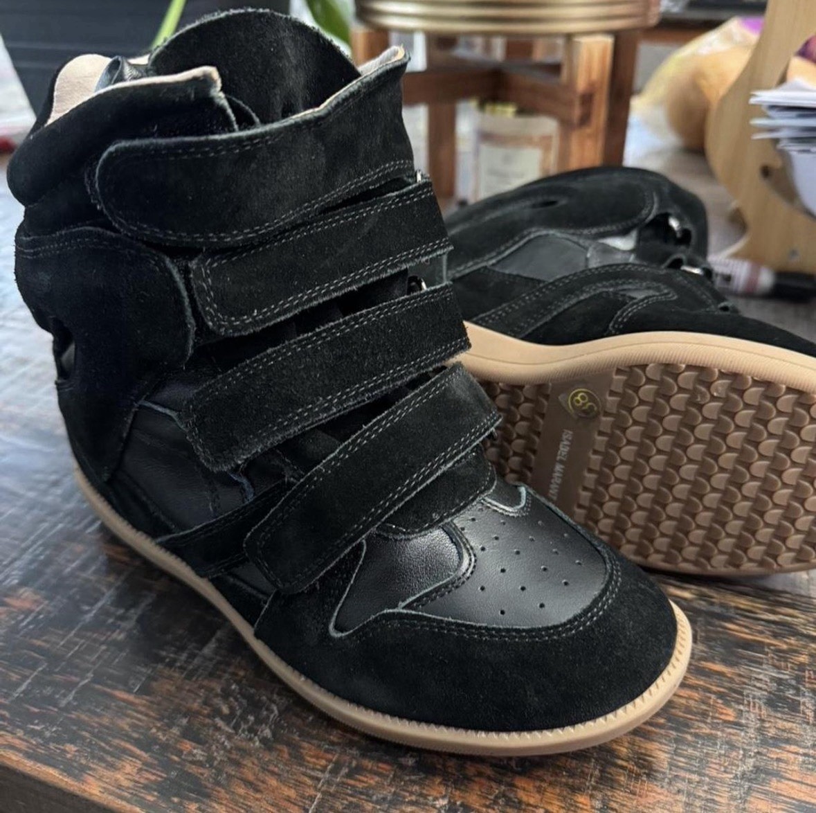 Isabel Marant Women’s Black Suede Wedge High Top Hook & Loop Strap Sneakers