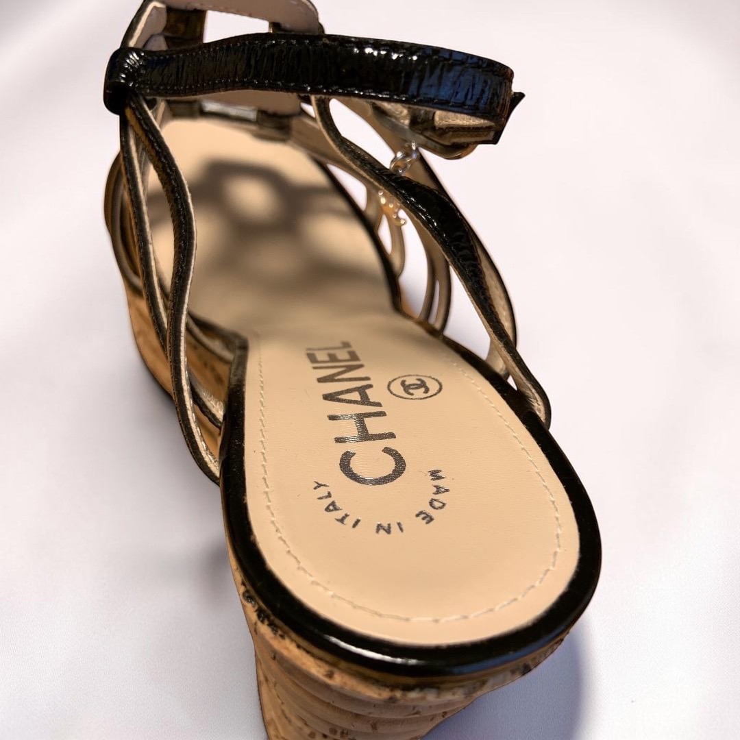 CHANEL CC Logo Coco Mark Patent Leather Strappy Cork Wedge Sandals US 5