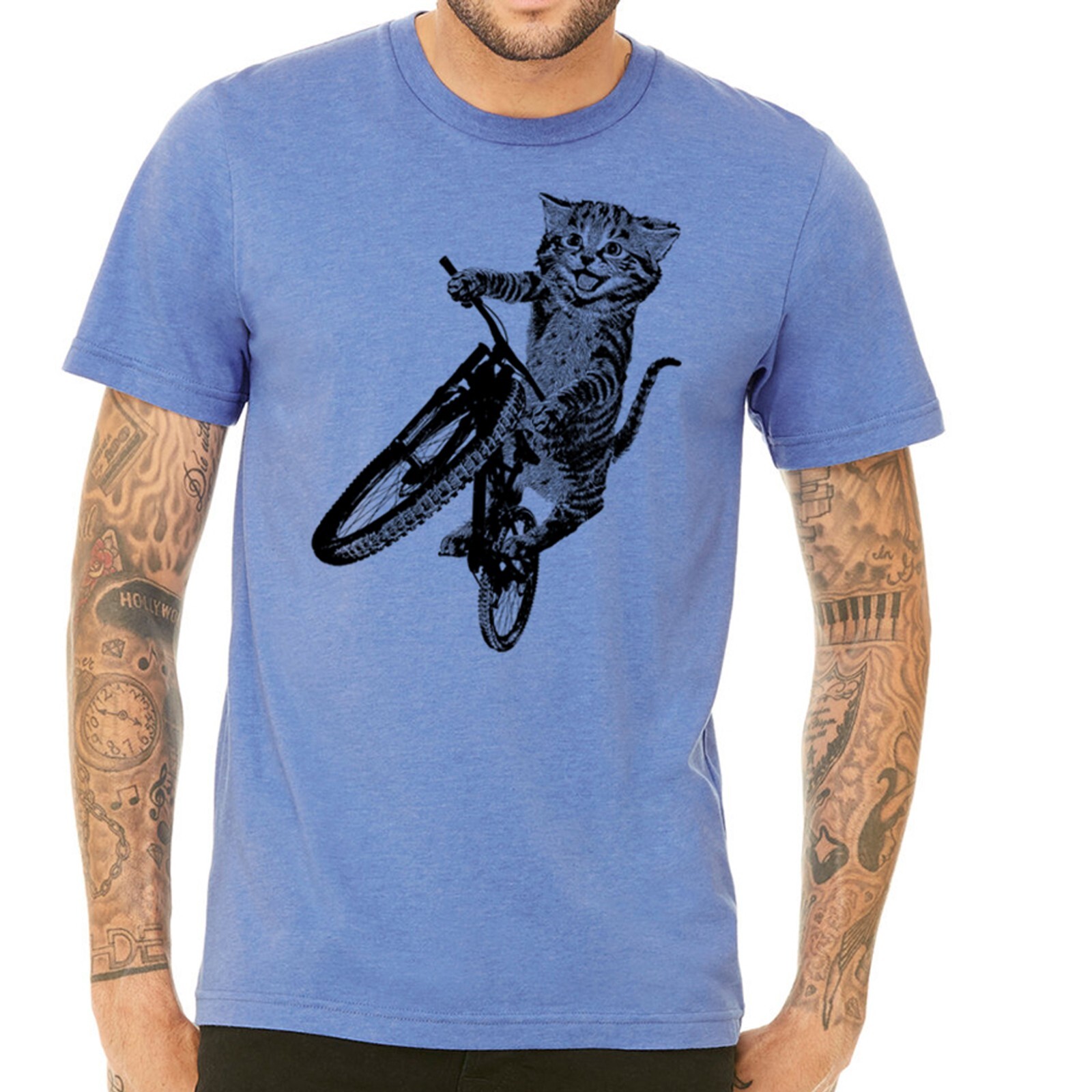 Cat Riding a Bicycle men’s Tshirt- Kitten Wheelie Tee shirt- Eco Friendly