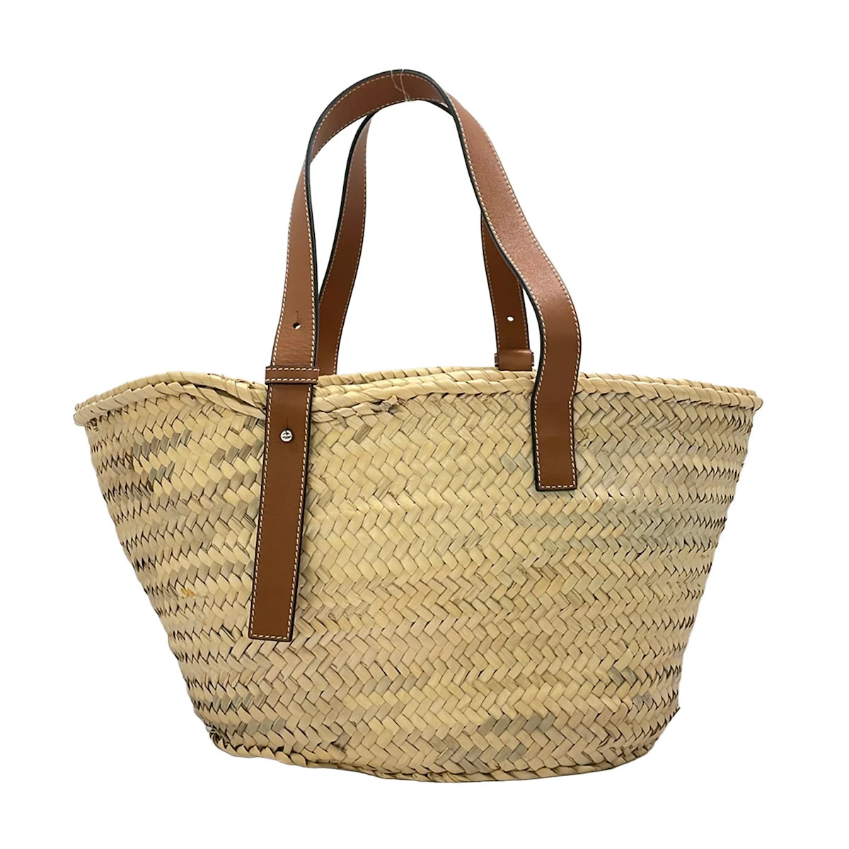 LOEWE Basket Beige Navy Brown Palm Leaf Calf Leather Tote Bag