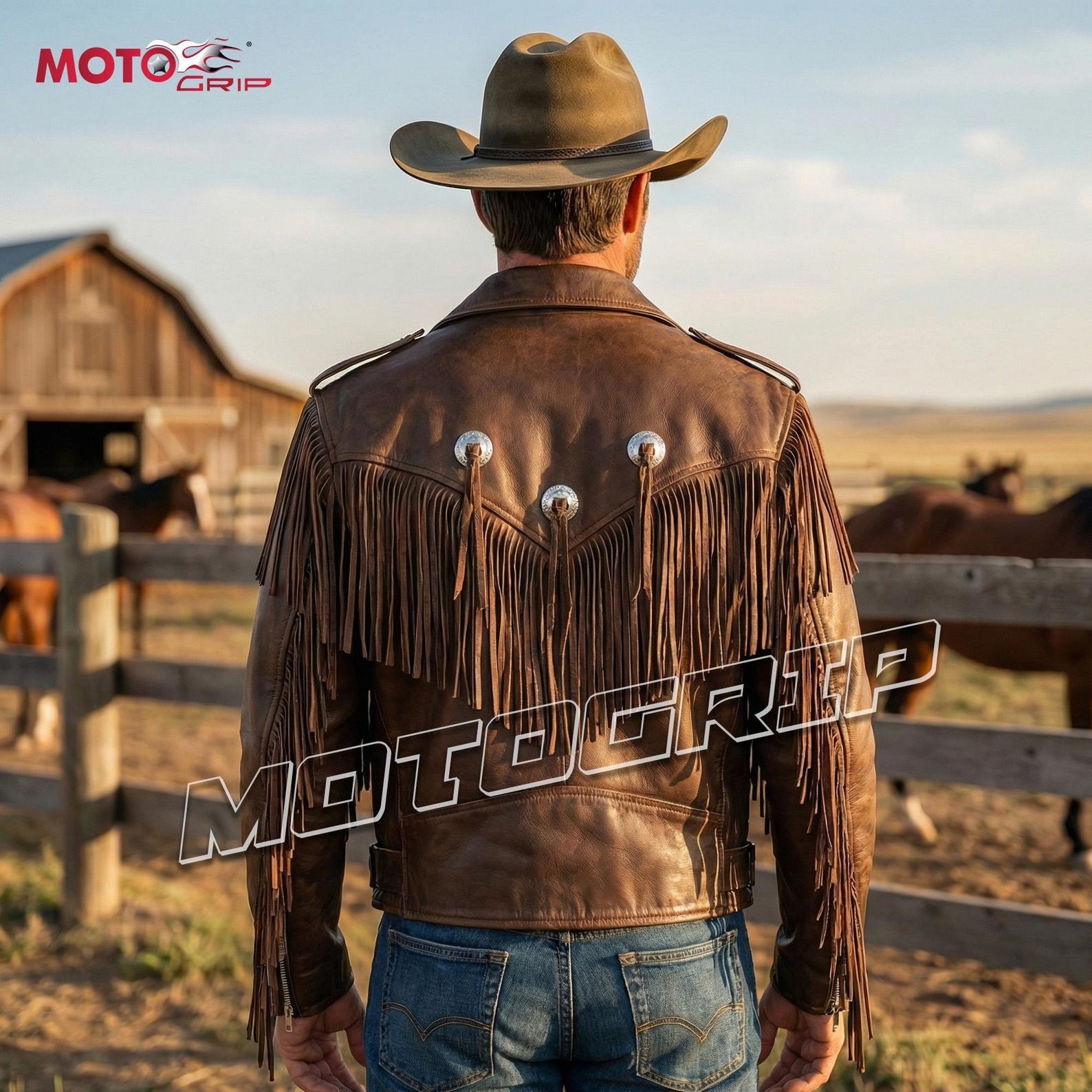 Men’s Brown Leather Fringe Jacket – Western Cowboy Biker Style – Vintage Tassel