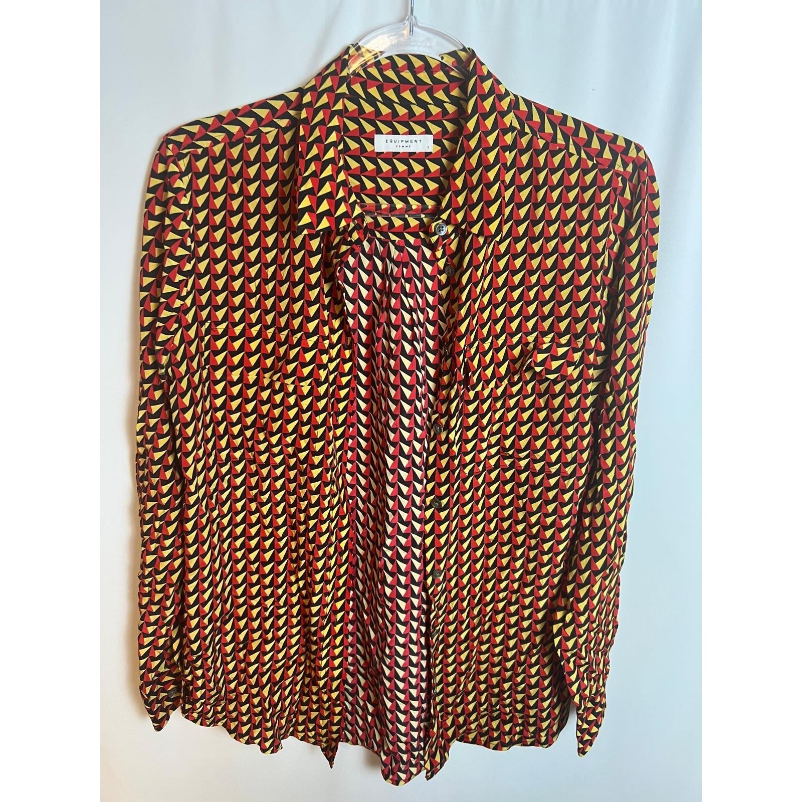 Equipment Femme Button Down Shirt Womens S Red Yellow Geometric Silk Excellent