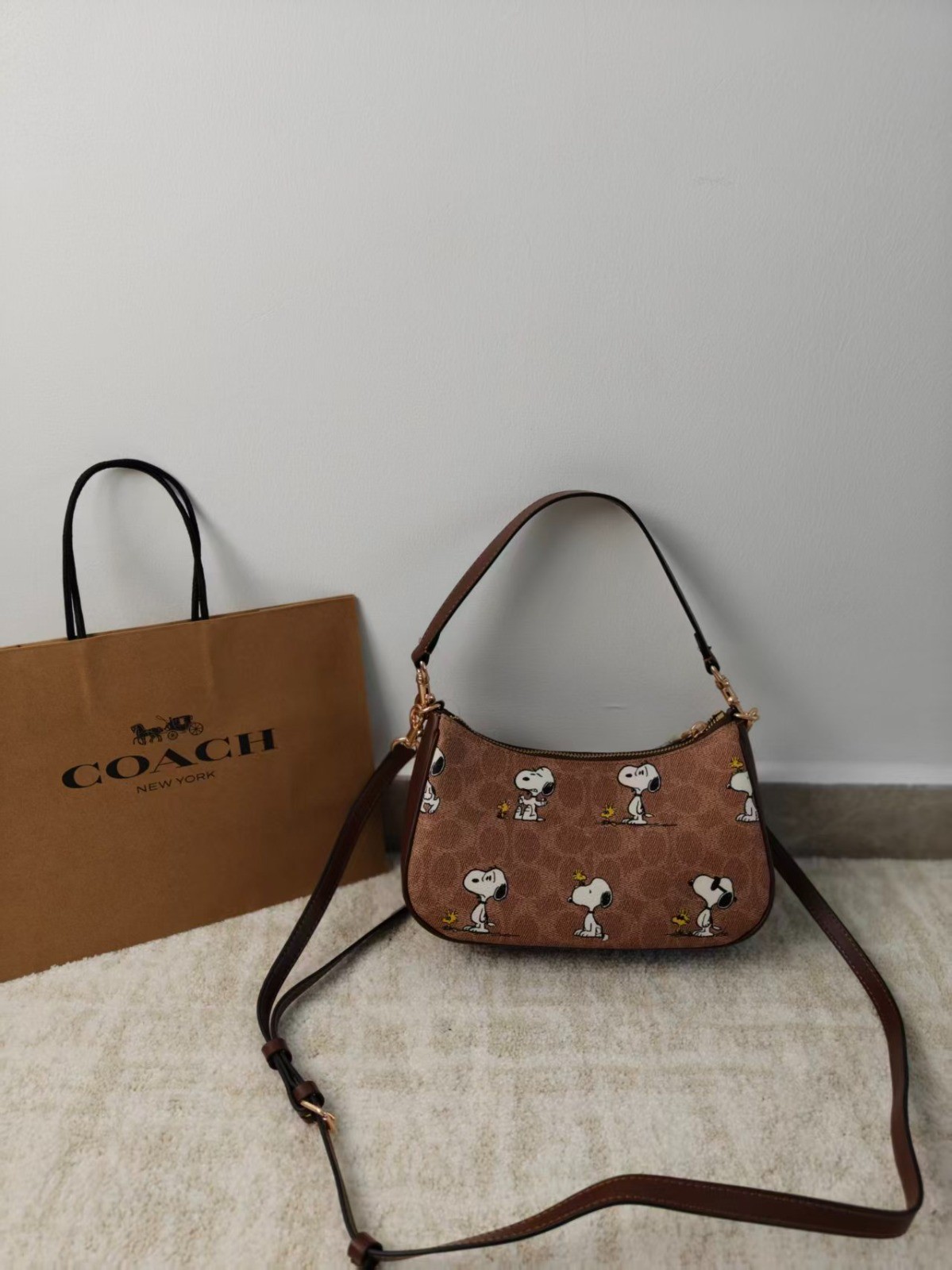 COACH x PEANUTS Teri Shoulder Bag Tan Brown Snoopy Print Signature Canvas CBJ88