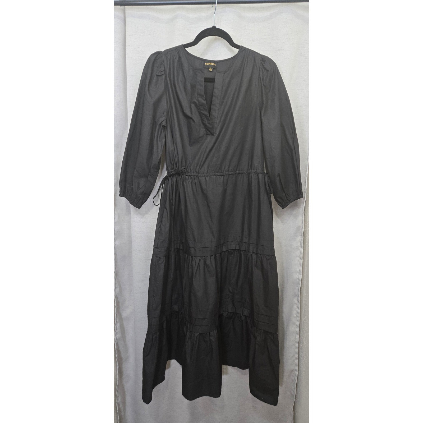 Sugarlips Black Cotton Tiered Midi Dress XS Drawstring Waist Puff Sleeve Poplin