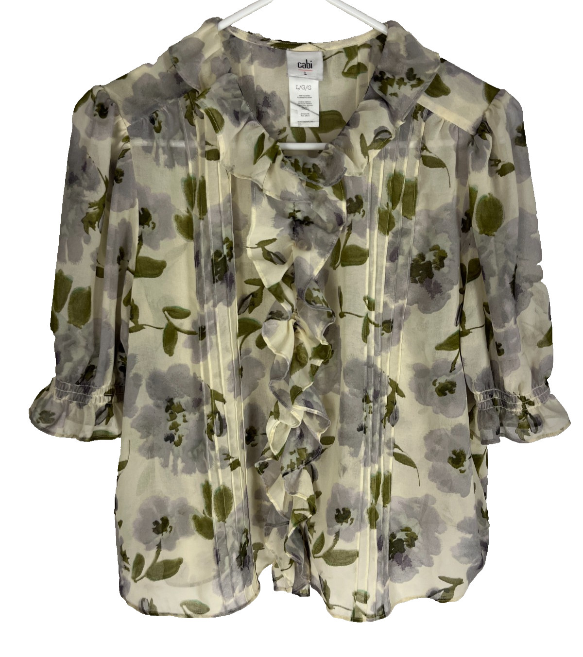 CABI 4720 Cherish Printed Blouse Top SHEER CHIFFON Ruffle BEIGE-SAGE FLORAL sz L