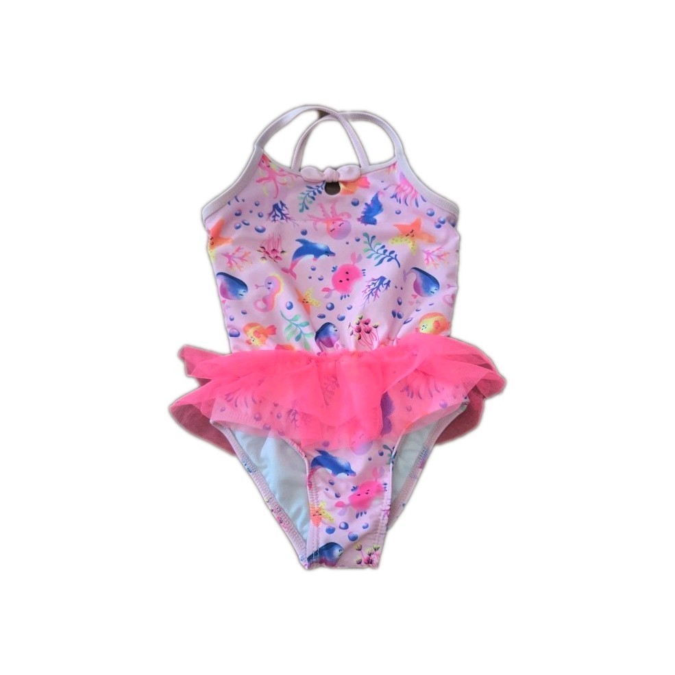 Wonder Nation Girls Pink Ocean Sea Life One-Piece Swimsuit Tulle Skirt 5T D-1