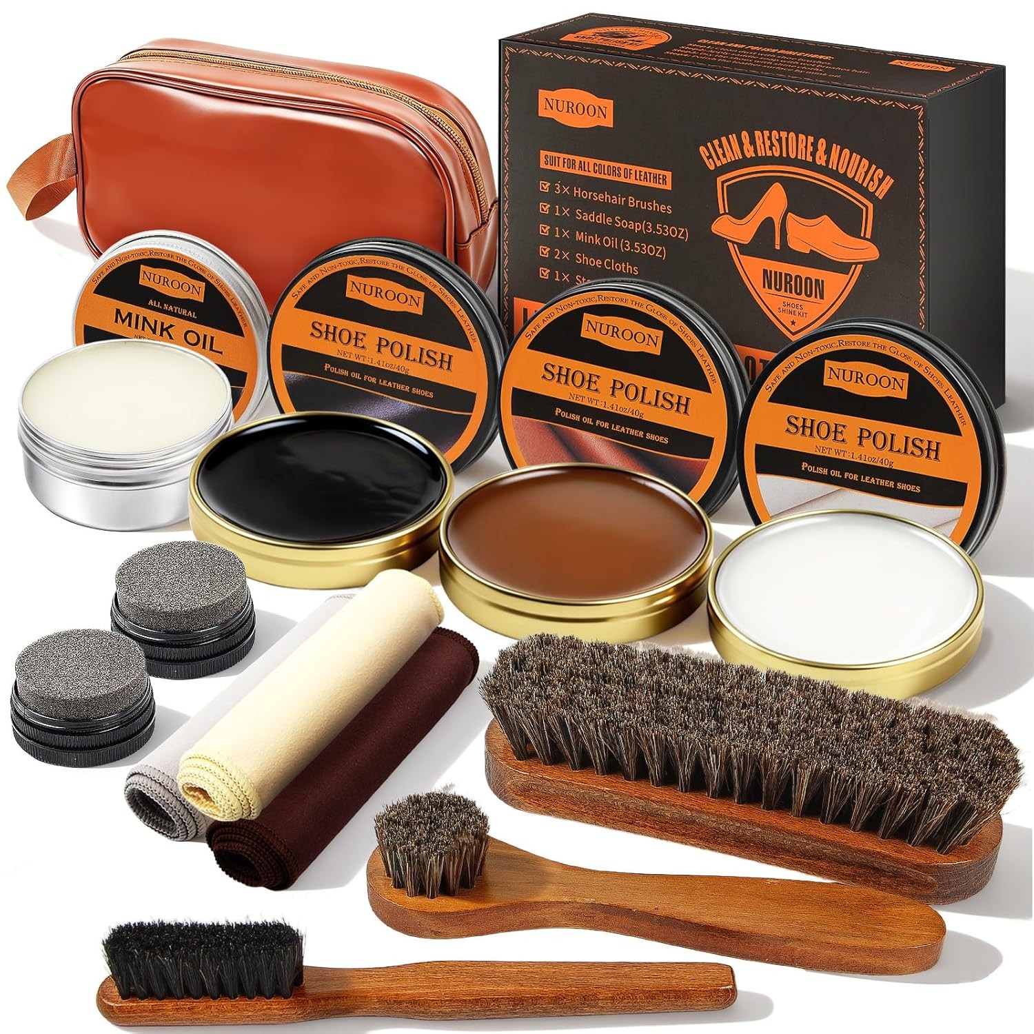 13Pcs Shoe Care Kit Horsehair Brush Polish Shine Cleaning Set for Men Women