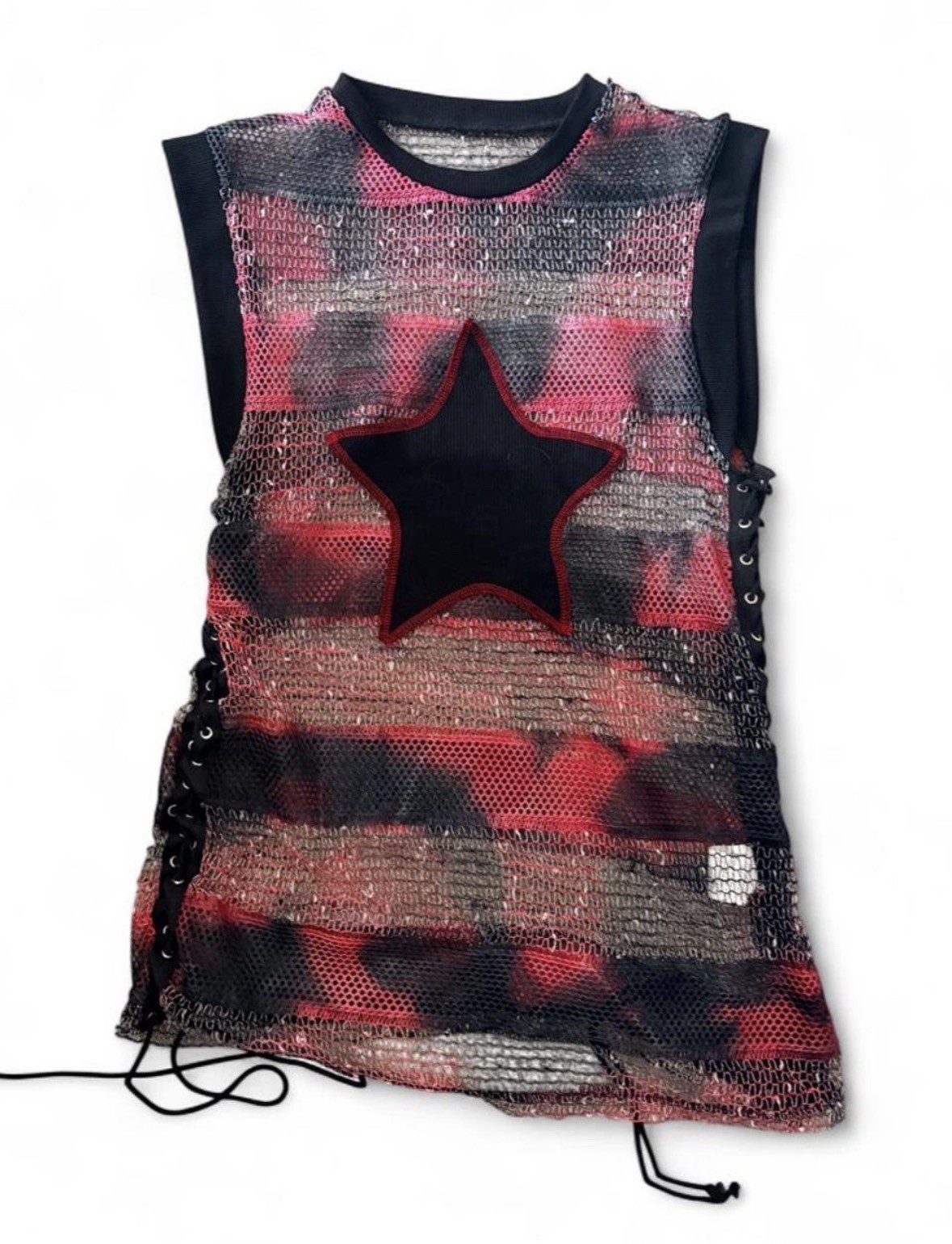 Women’s Maternity Tank Top M Black/Red/Gray Mesh Lace-Up Sides Star