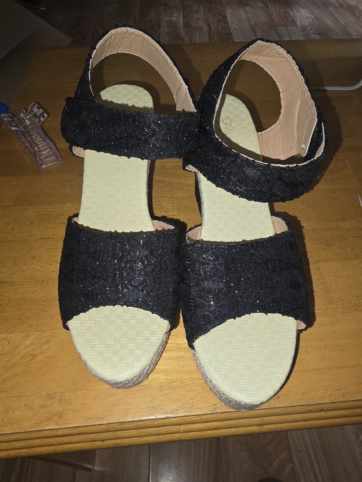 Women’s Black/Beige Nubuck Wedge Sandals Glitter Accent Ankle Strap Sz 8