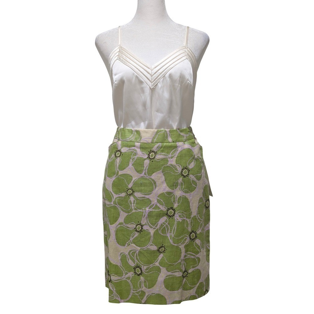 NWT Perry Ellis Apple Green Floral Linen Blend Metallic Pencil Skirt Pockets 6