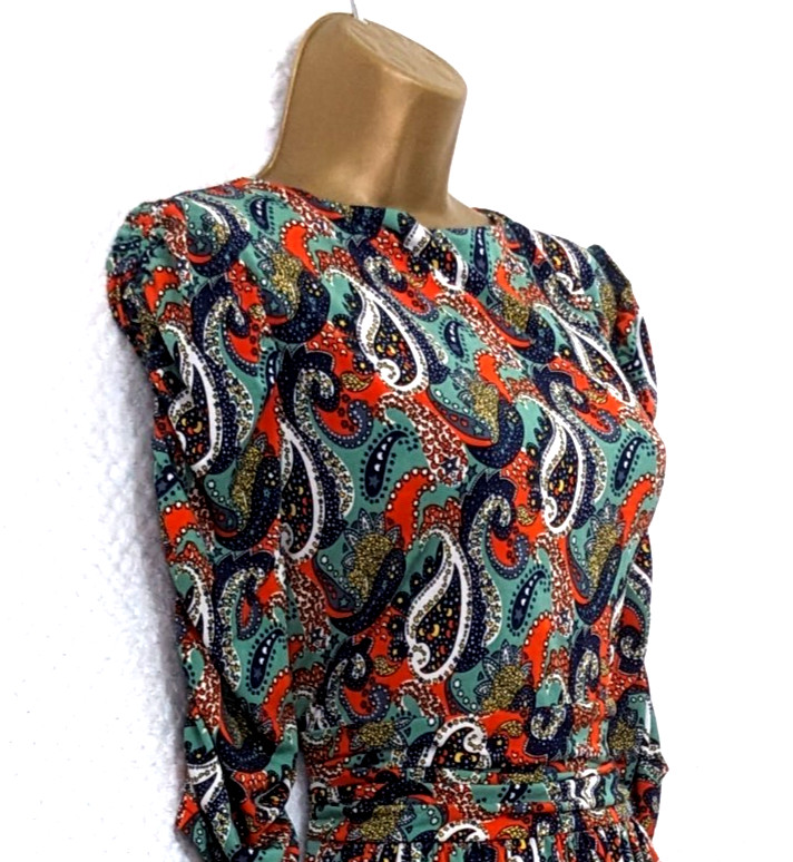 JOLIE MOI Green Multi Paisley Fit Flare Midi Dress UK 16 Ruched Sleeve Occasion