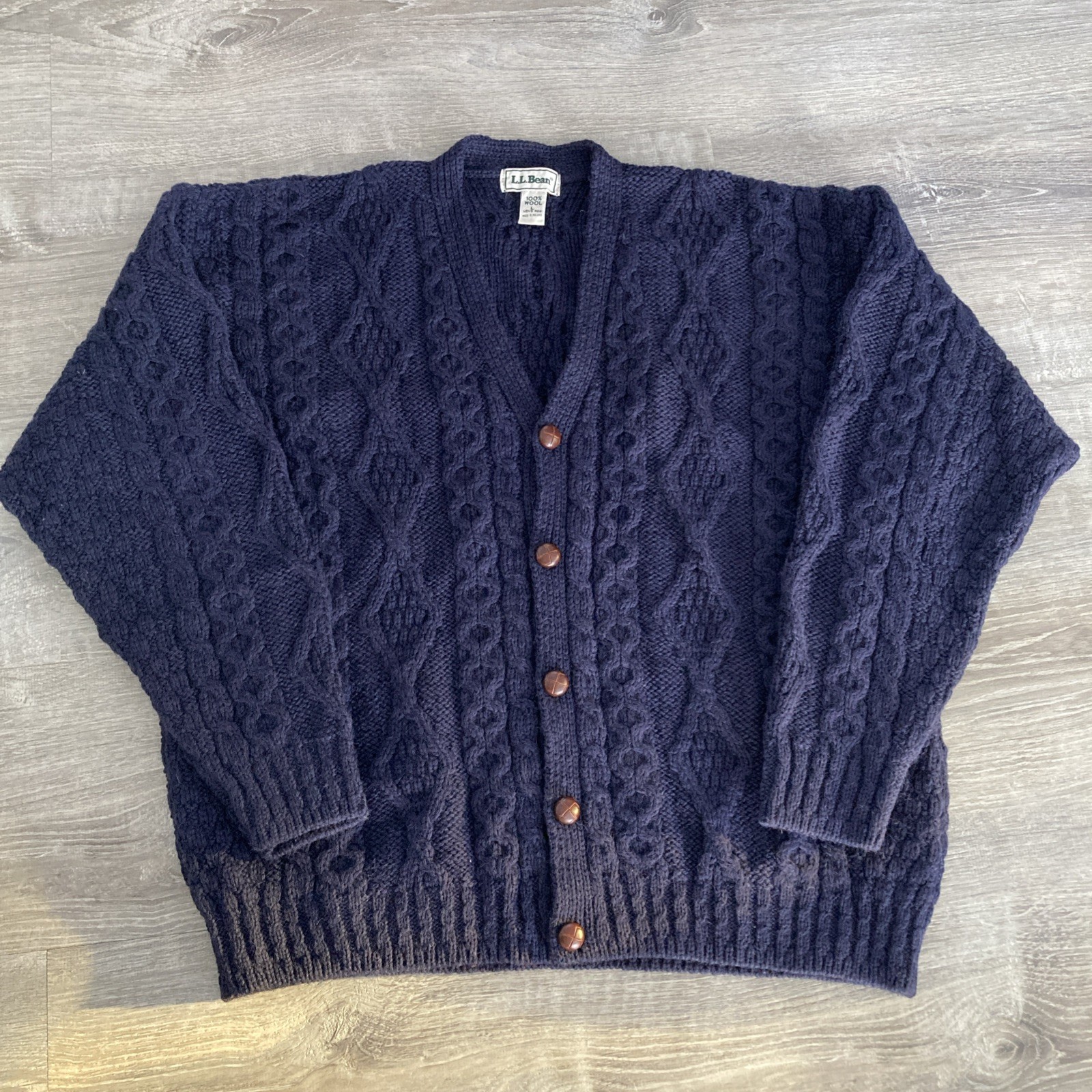 Vintage LL Bean Fisherman Sweater Cardigan Mens L Navy Cable Knit Wool Ireland