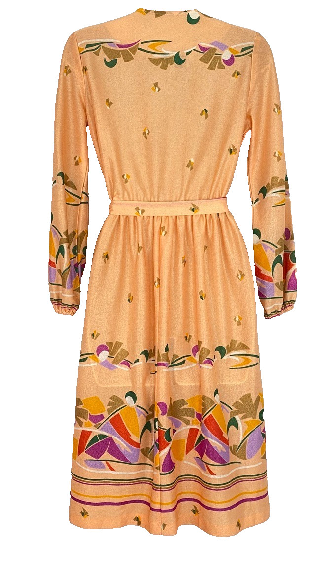 Vintage 1970s orange midi dress S M long balloon sleeve peach pullover sheer
