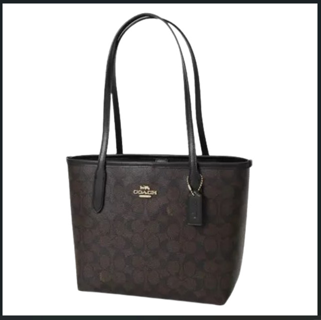 COACH CU759 Small City Tote Signature Coated Canvas Black Brown Outlet New