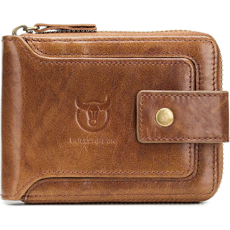 Zipper Wallet Mens Genuine Leather RFID Blocking Bifold Zip Around Card Holder W