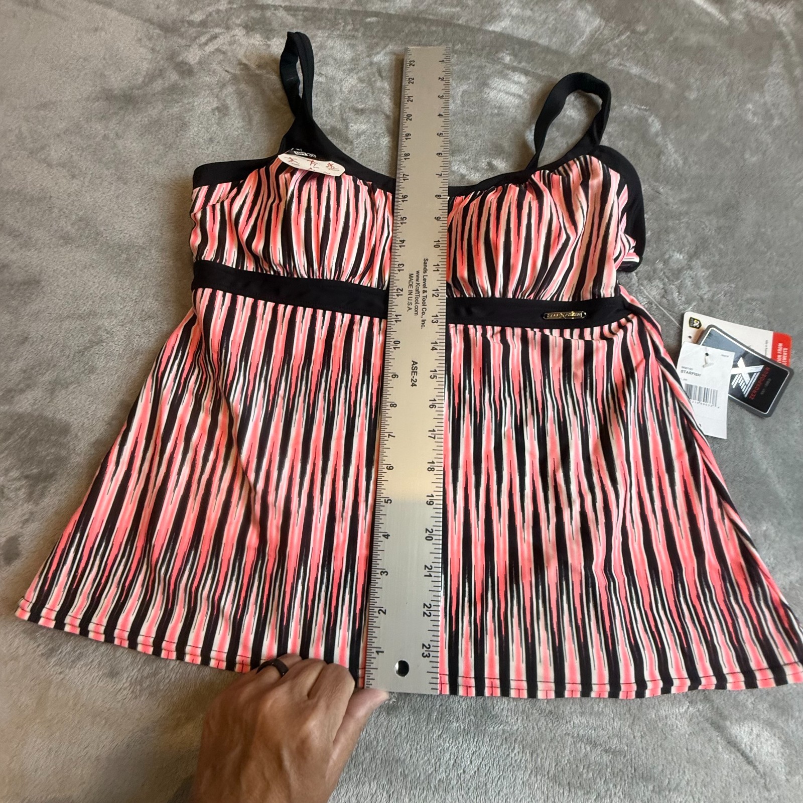 NWT ZeroXposur Starfish Tankini Top Size 16 Pink Black Striped Swim Top UPF 30+