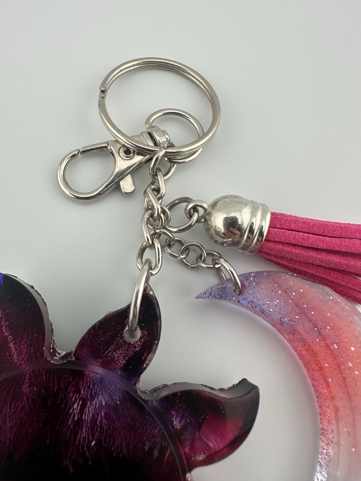 Handmade Purple Galaxy Resin Sun & Moon Keychain Tassel Celestial Bag Charm