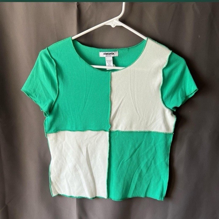 RSQ Womens Green White Colorblock Rib Knit Short Sleeve Tee XL(2025-1)