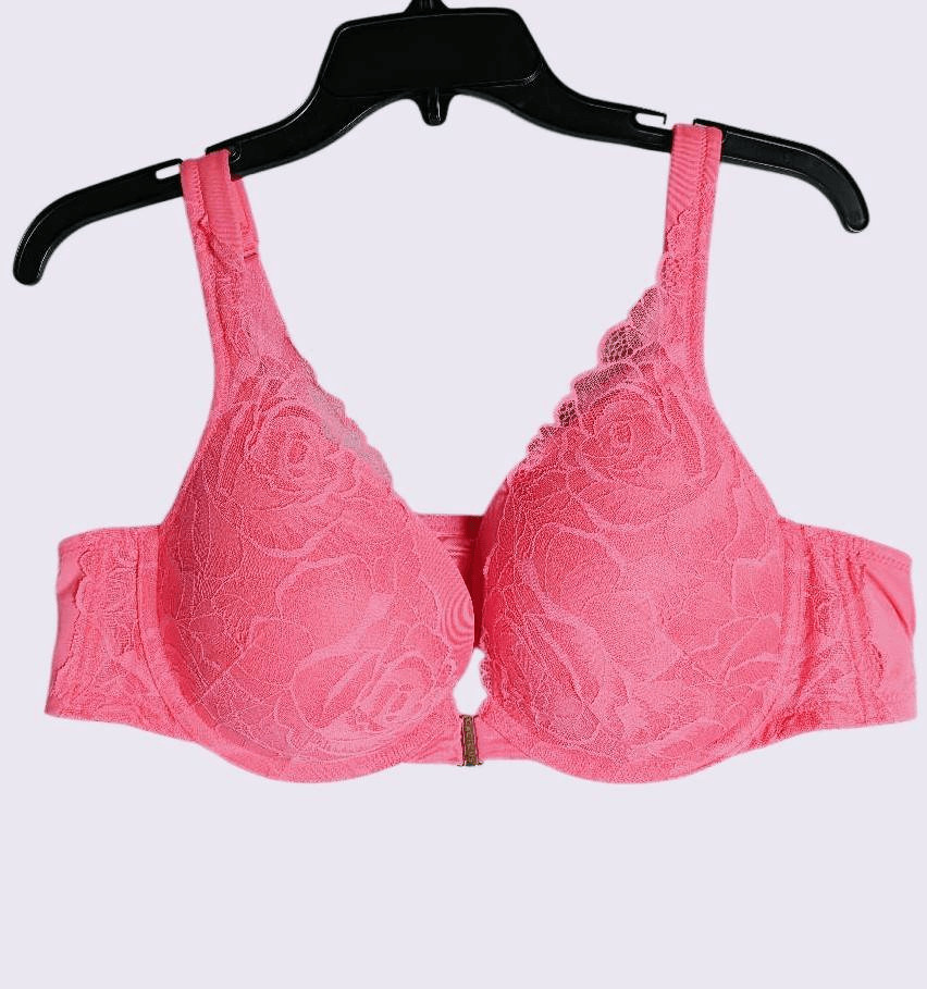 Cacique Hot Pink melon salmon lace boost plunge push up front close bra 44B
