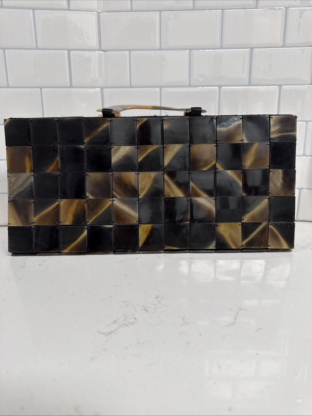 VTG 1970 ~ Lucite ~ Tiled Tiger Eye/ Tortoise Shell Handbag w/Carved Handles