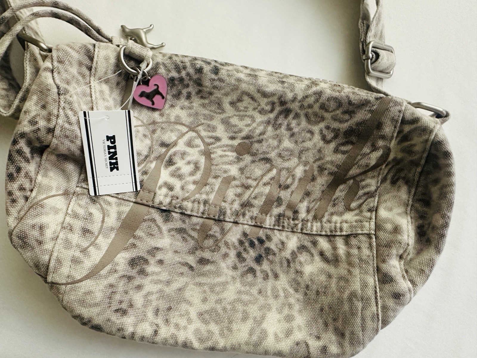 VS PINK Beige Leo Haze Leopard Print Canvas Rolled Duffle Shoulder Bag