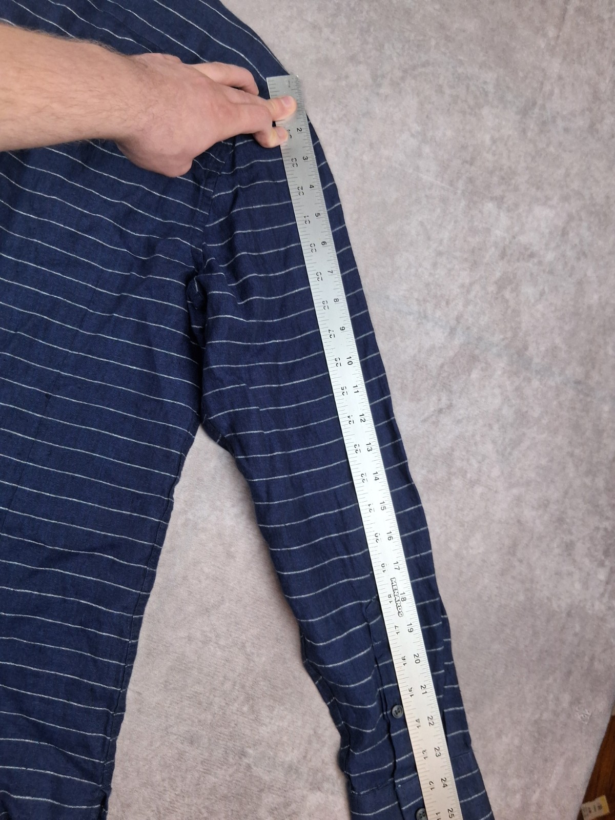 Murano Baird McNutt Linen Shirt Mens Large Slim Fit Navy Blue Striped Pocket NEW