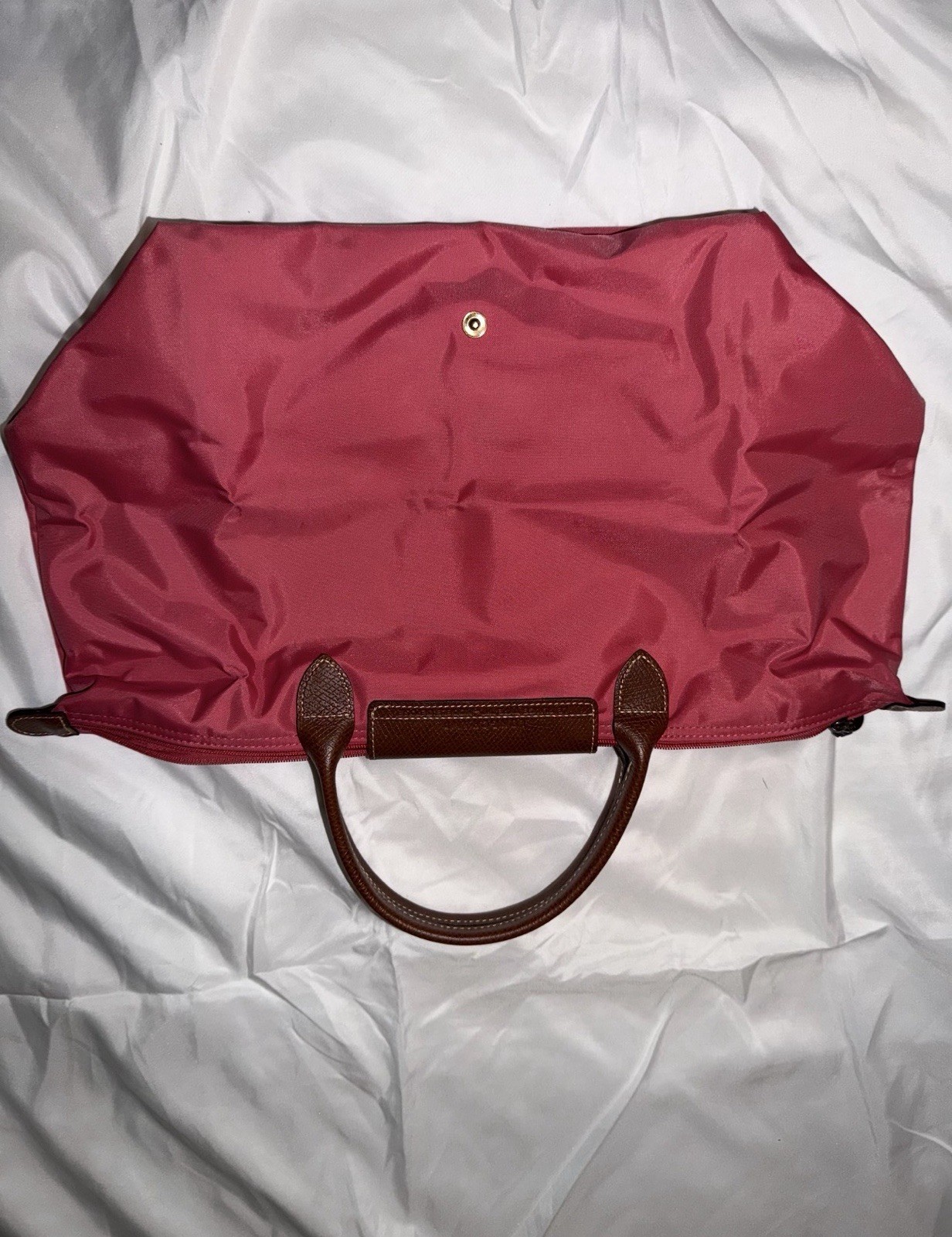 Longchamp Le Pliage Pink Solid Tote Snap Closure Brown Leather Handles Gold