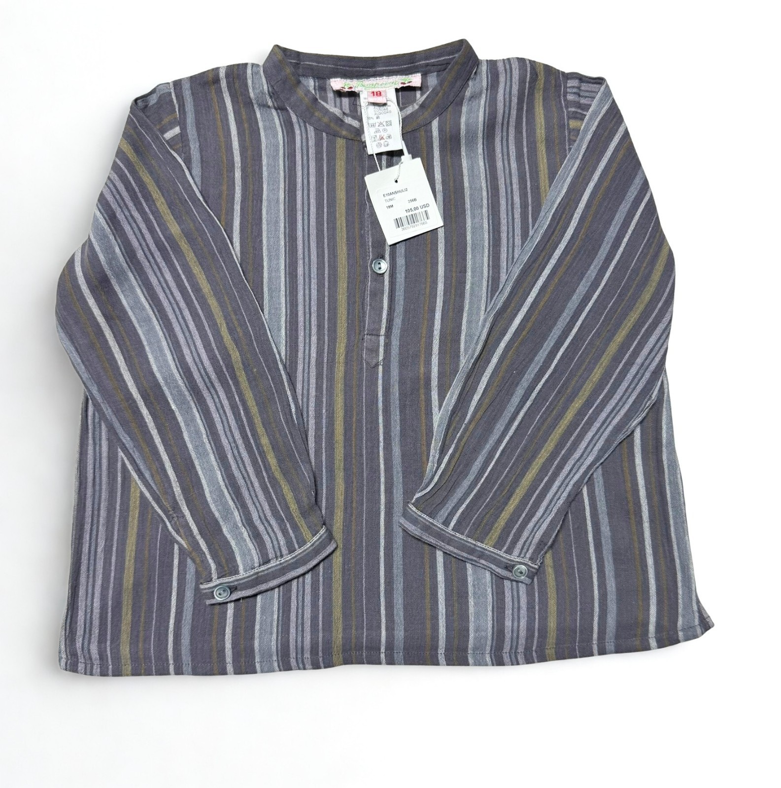 Bonpoint Baby Boy Shirt 12-18 Months Cotton Gray Check & Stripe Pattern