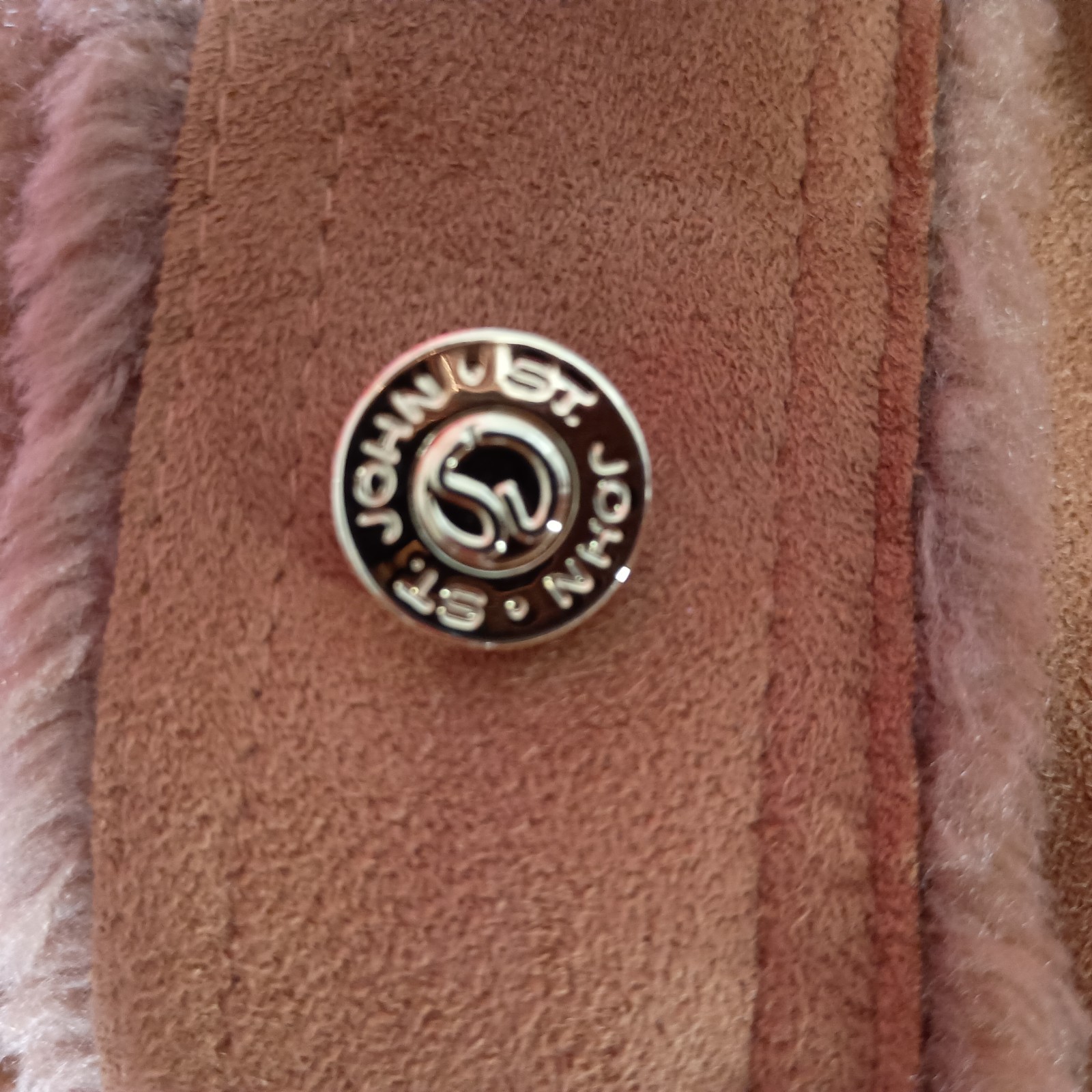 St. John Marie Gray Coat S Womens Brown Overcoat Faux Suede Pockets Shearling