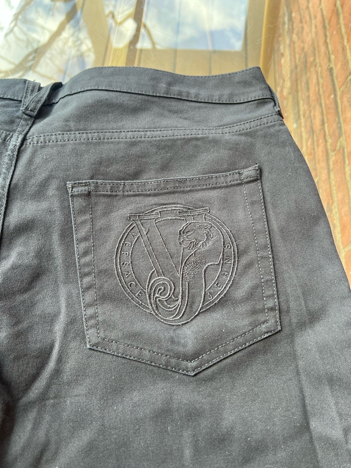Versace Couture Jeans Negro León Mens 36 X 30 Black Denim Pants Made In Albania