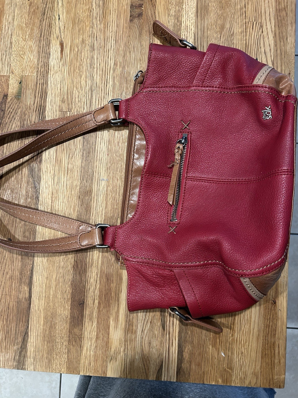 The Sak Medium Red Satchel Top Handle, Zip Closure, Detachable Strap Pockets