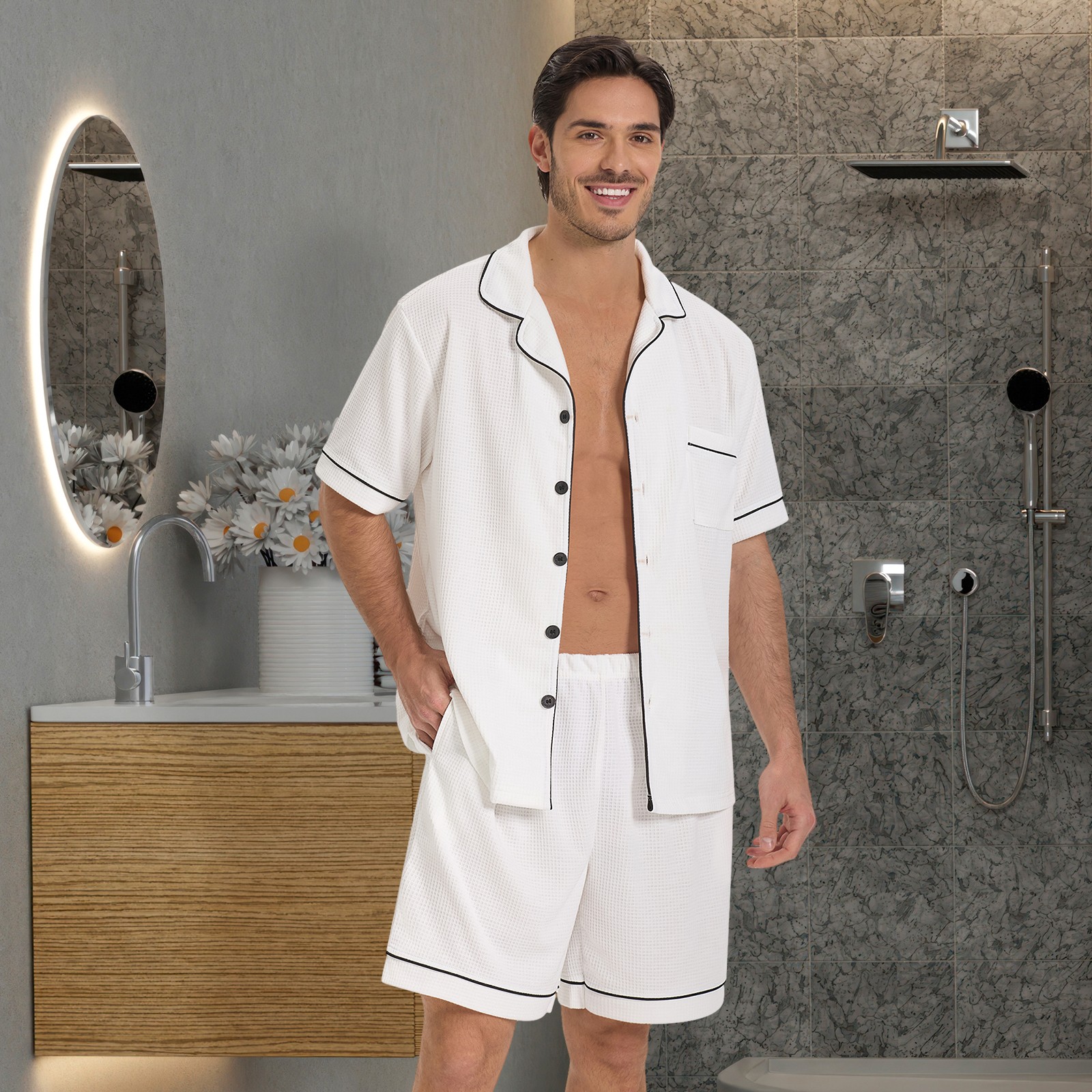 SIORO Men Waffle Knit Pajamas Set Short Sleeve Sleepwear Button Down Loungewear