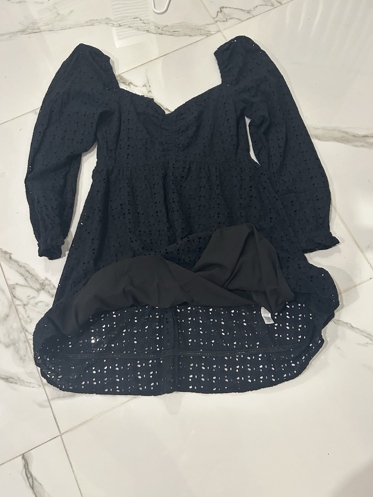 Chelsea28 Black Eyelet Sweetheart Puff Long Sleeve Mini Dress Lined S