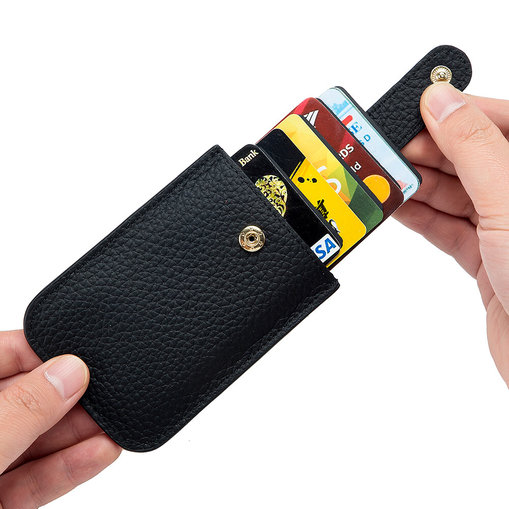 Easy Access Pull Out Wallet RFID Blocking Cowhide Leather Card Holder with Hasp