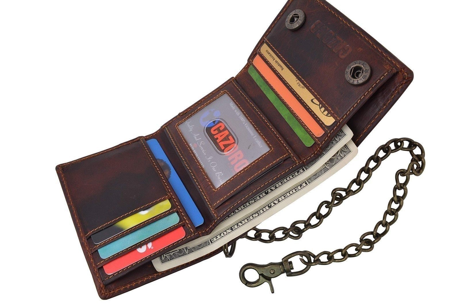 RFID Blocking Men’s Tri-fold Vintage Leather Biker Chain Wallet With Snap Closur