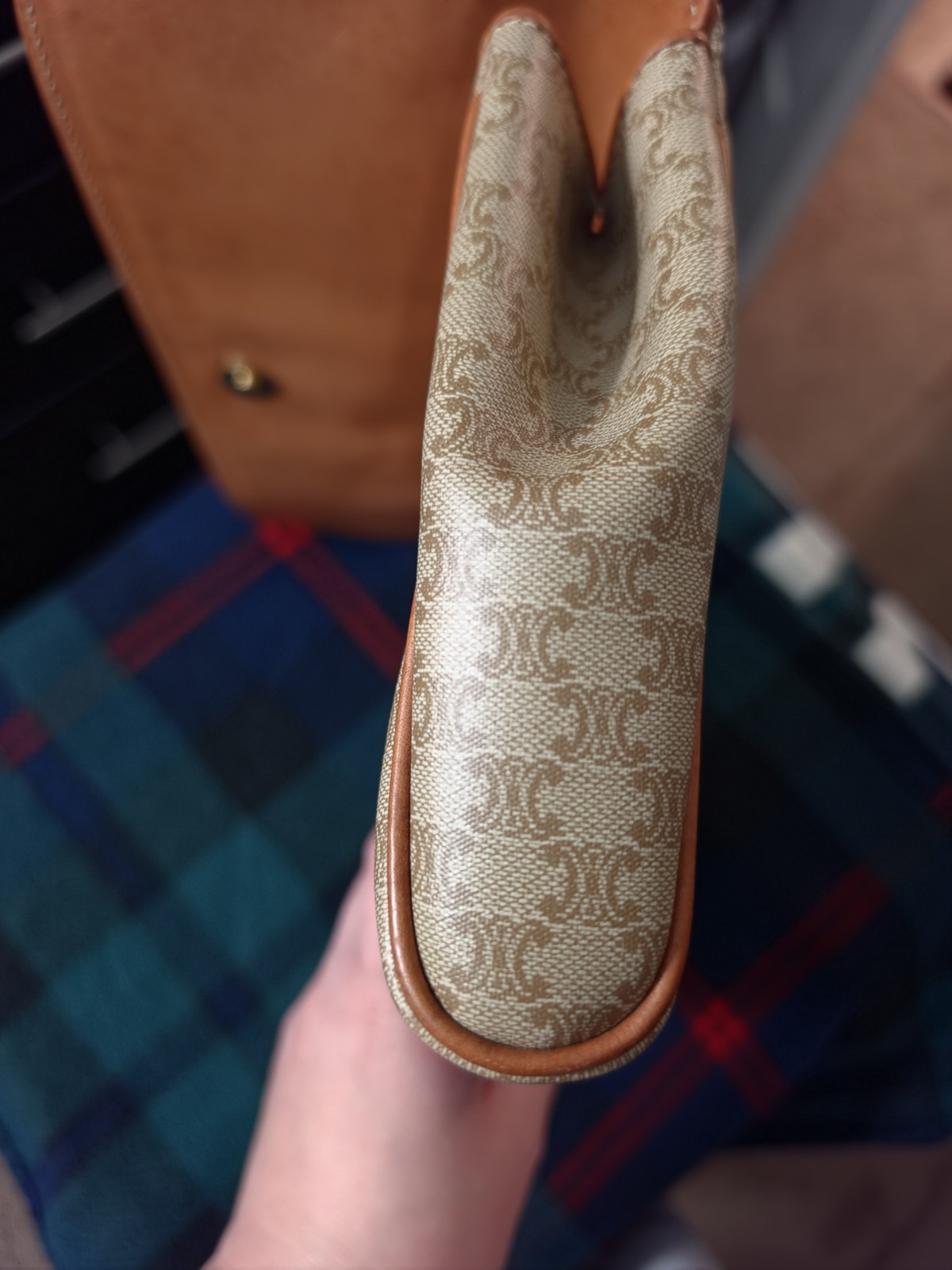 CELINE Macadam Beige/Brown Clutch w/ Magnetic Closure, Inner Pockets Gold