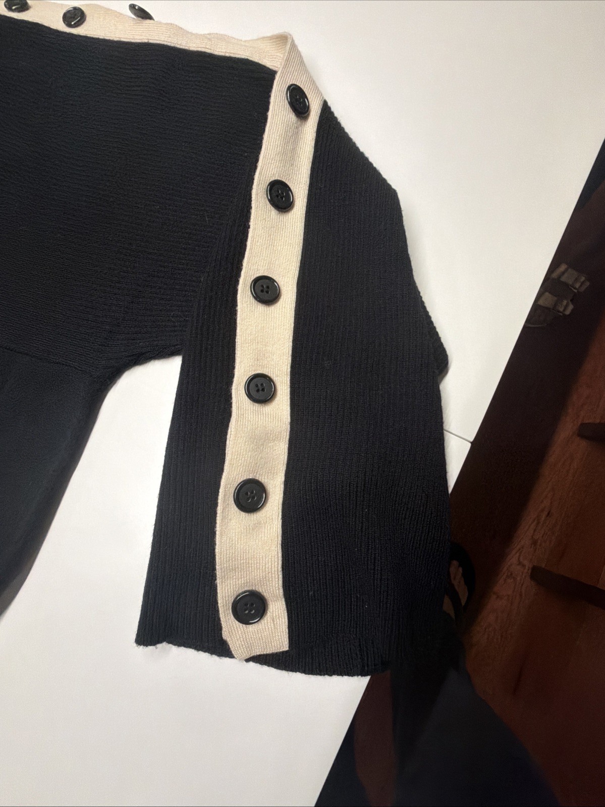 Gwen Stefani L.A.M.B. sweater Black With White Trim And Black Buttons