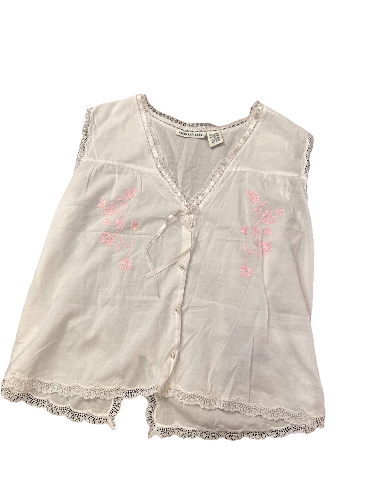 Vintage Charter Club White Cotton Embroidered Lace Trim Cottagecore Y2K Top S