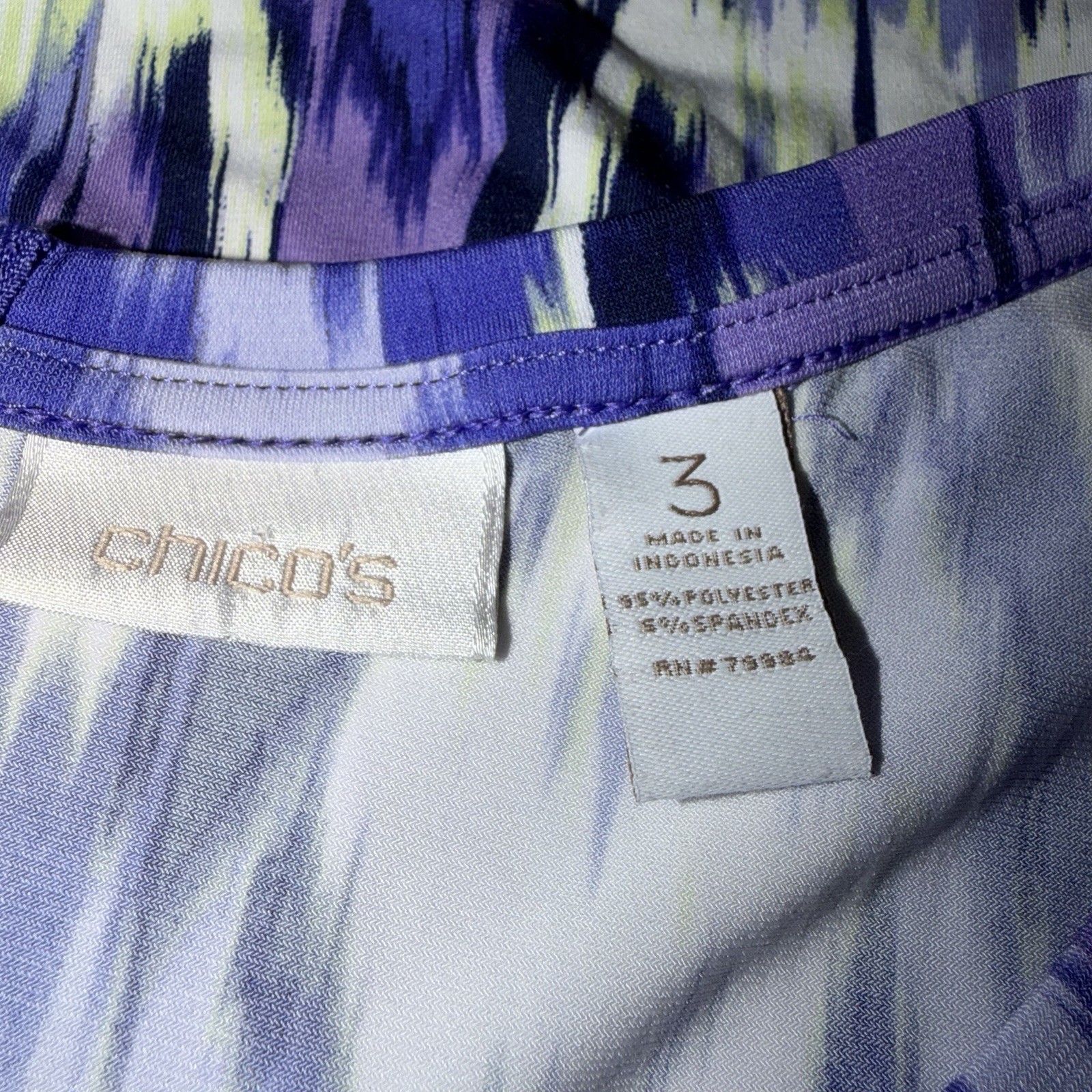CHICO’S Purple Multi Brushed Feather Ikat Zipper Back Top Shirt Size 3 (XL)