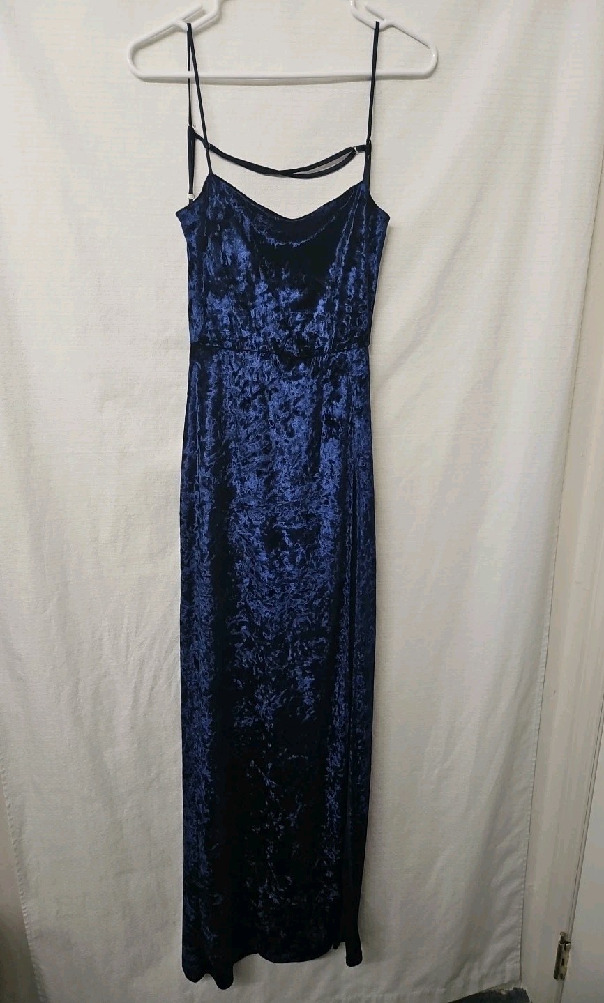 Womens Sz Lg Blue Crushed Velevet Maxi Dress High Slit Spaghetti Strap Stretch