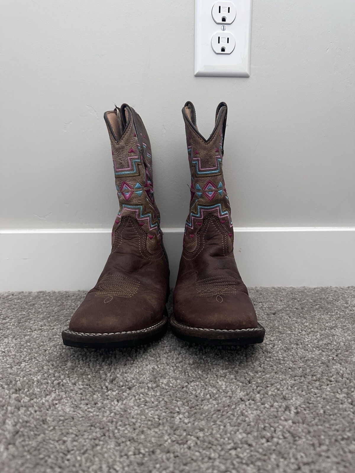 Roper Little Kids Cowboy Boots Size 2 Brown Leather Pink Aztec Western Girls