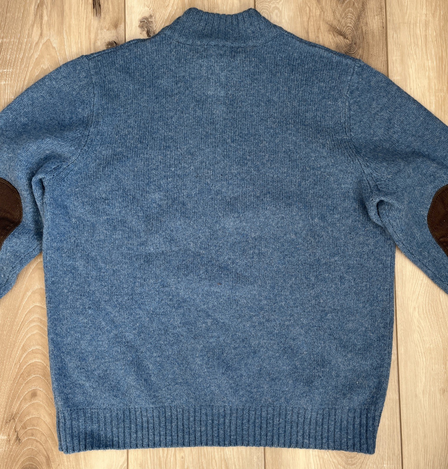 LL Bean Mens 100% Wool Shetland Sweater 1/4 Zip Pullover Elbow Patch Blue Size L