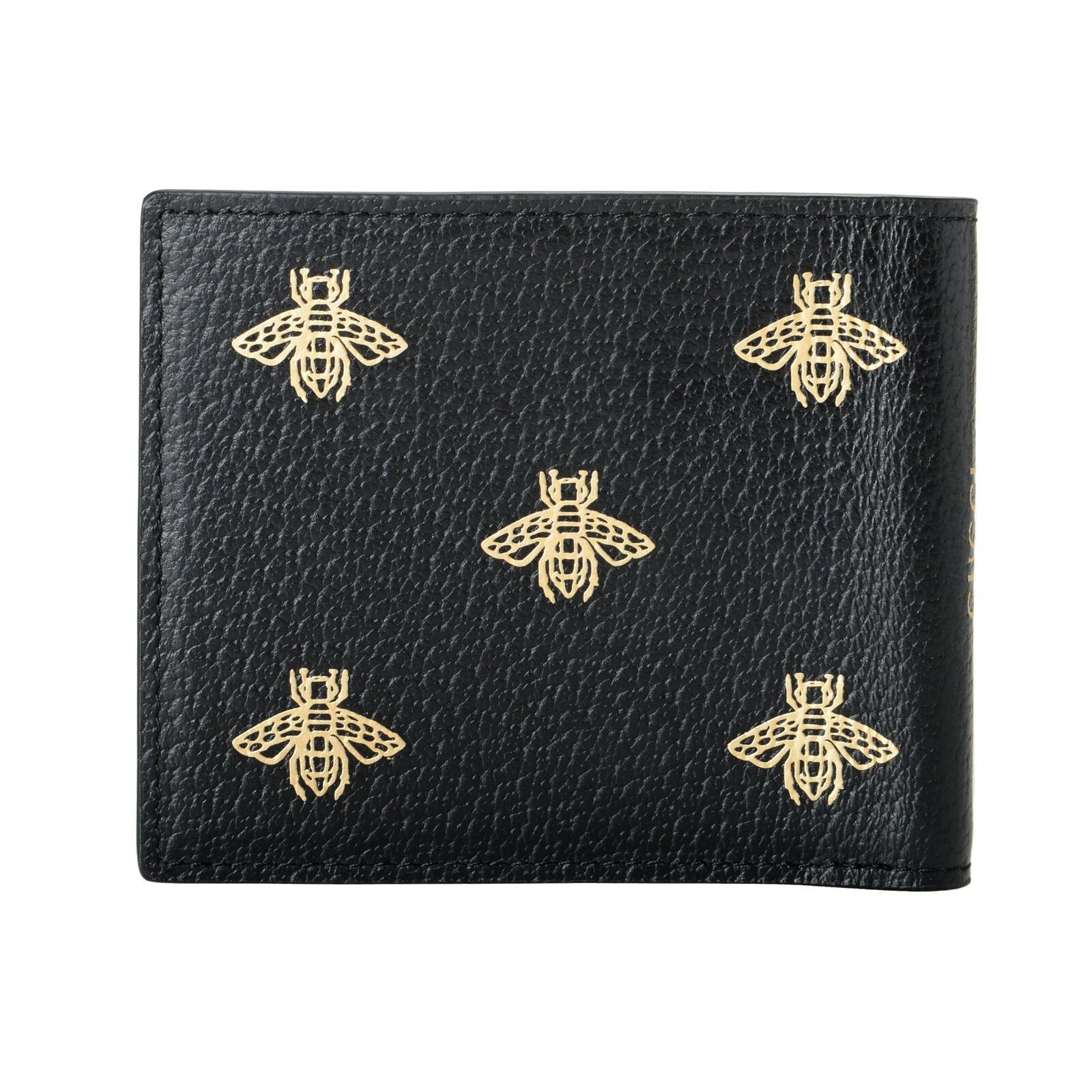 Gucci Men’s Black & Gold Bee Star Print Textured Leather Bifold Wallet
