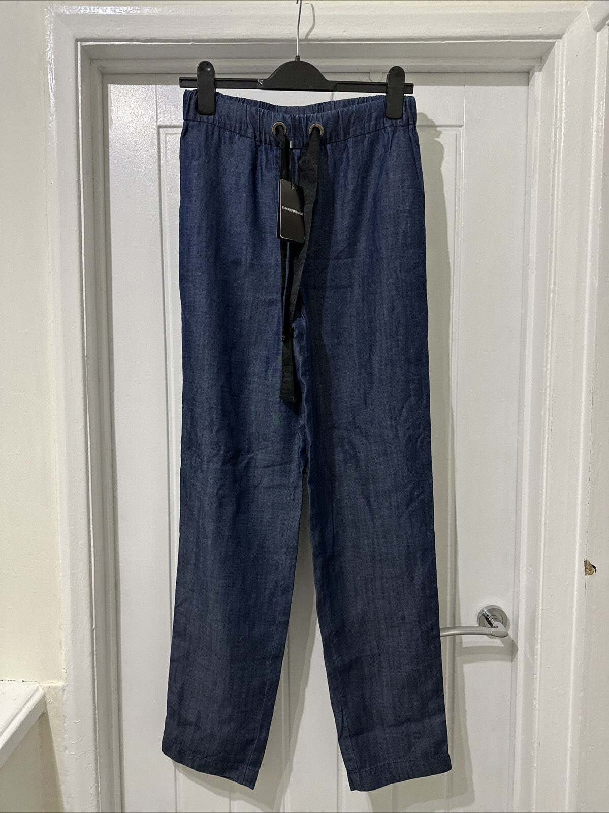 Emporio Armani Tailored Chambray Denim Straight Leg Pleated Trousers Uk 8 IT 40